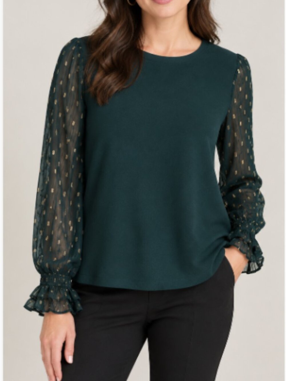Ann Taylor Emerald Green Sheer Sleeve Blouse XL Ruffle Cuff Dressy Feminine Top